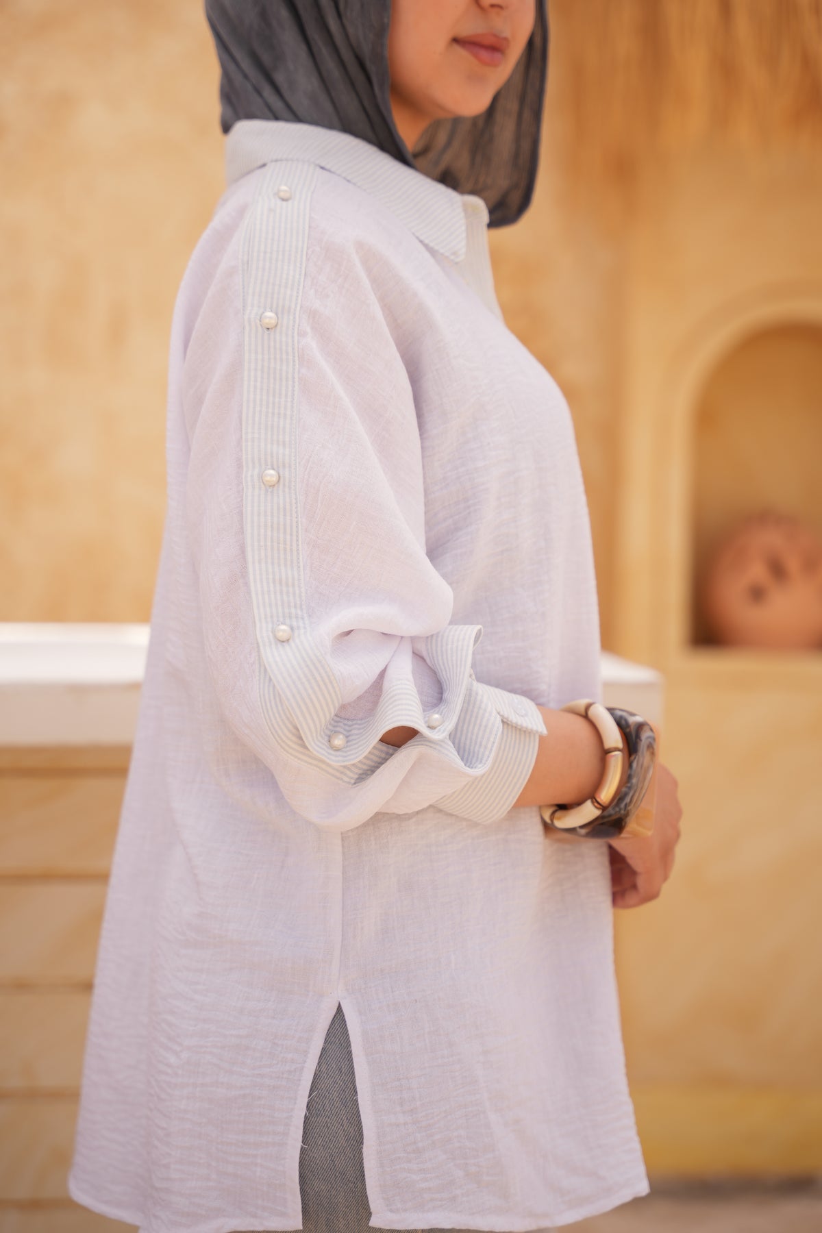 Pearl Drop Cold-Shoulder Shirt