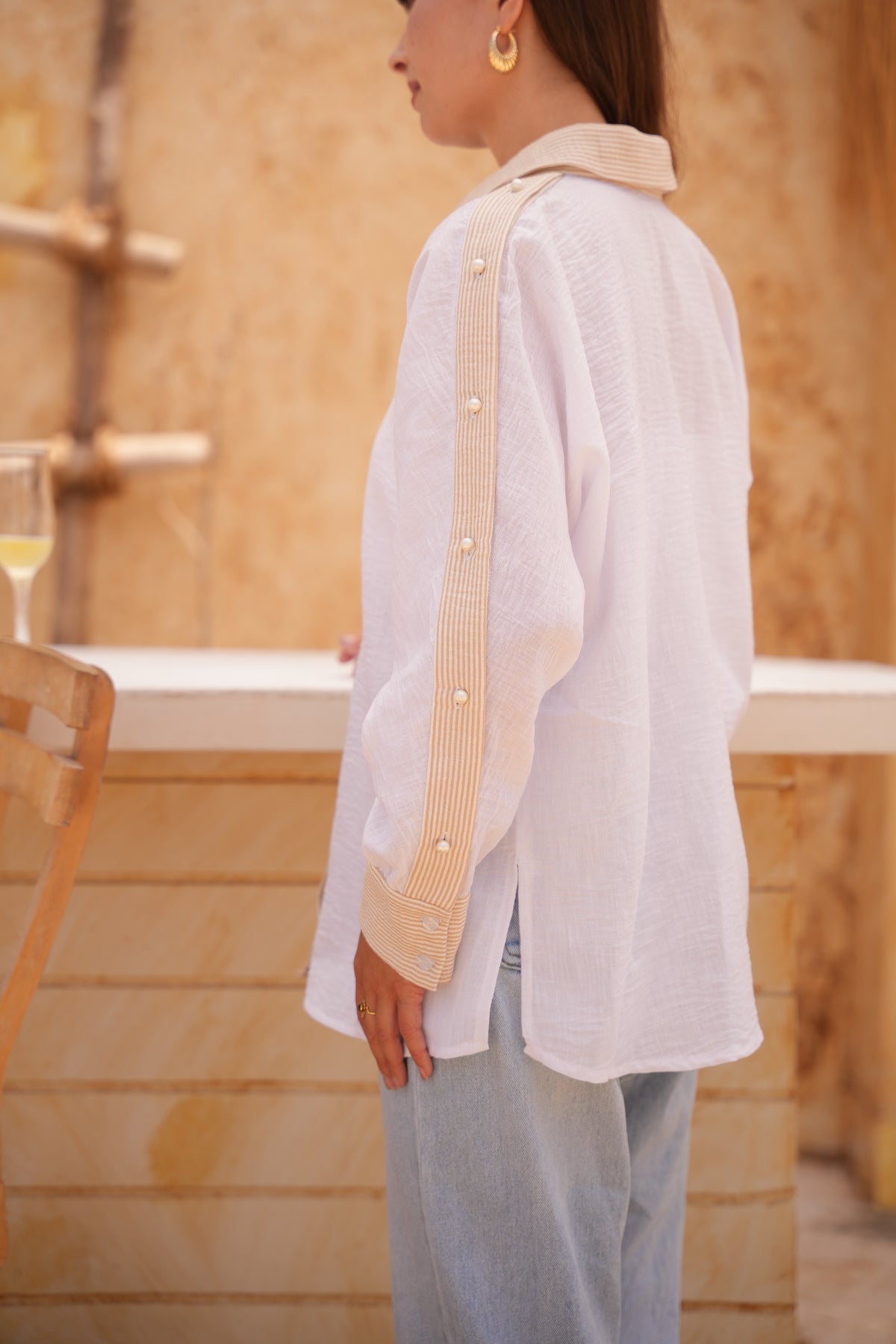 Pearl Drop Cold-Shoulder Shirt