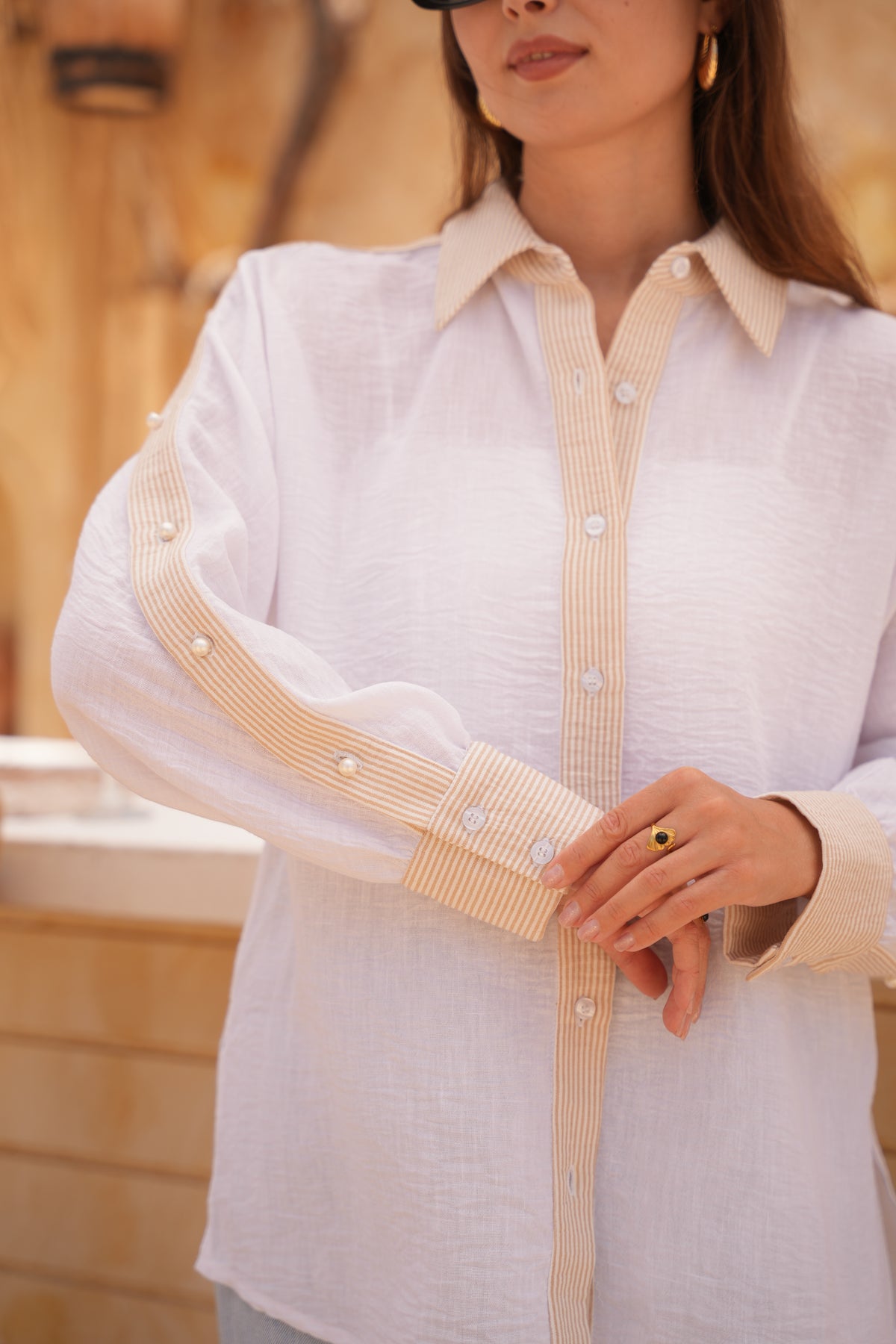 Pearl Drop Cold-Shoulder Shirt