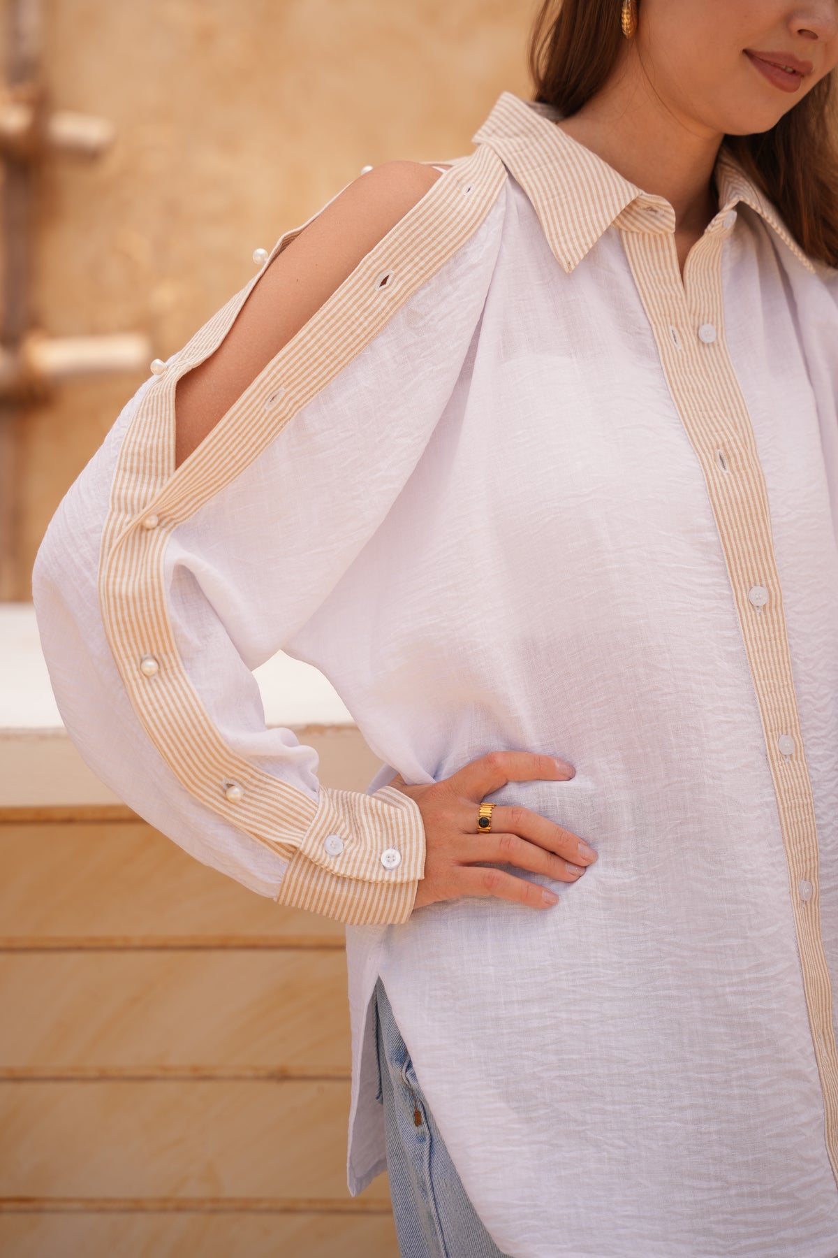 Pearl Drop Cold-Shoulder Shirt